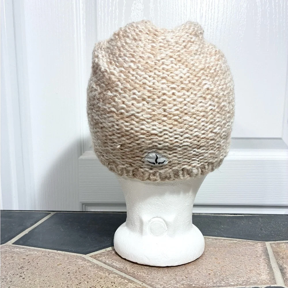 Crochet Flower Accent Hand Knit Beanie Oatmeal Purple Sage